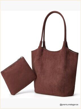 Large Faux Suede Bucket Tote Shoulder Bag Set Commuter Work Handbag